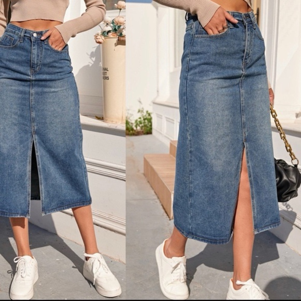 Women’s GAP Denim Midi Maxi Skirt Slit Blue